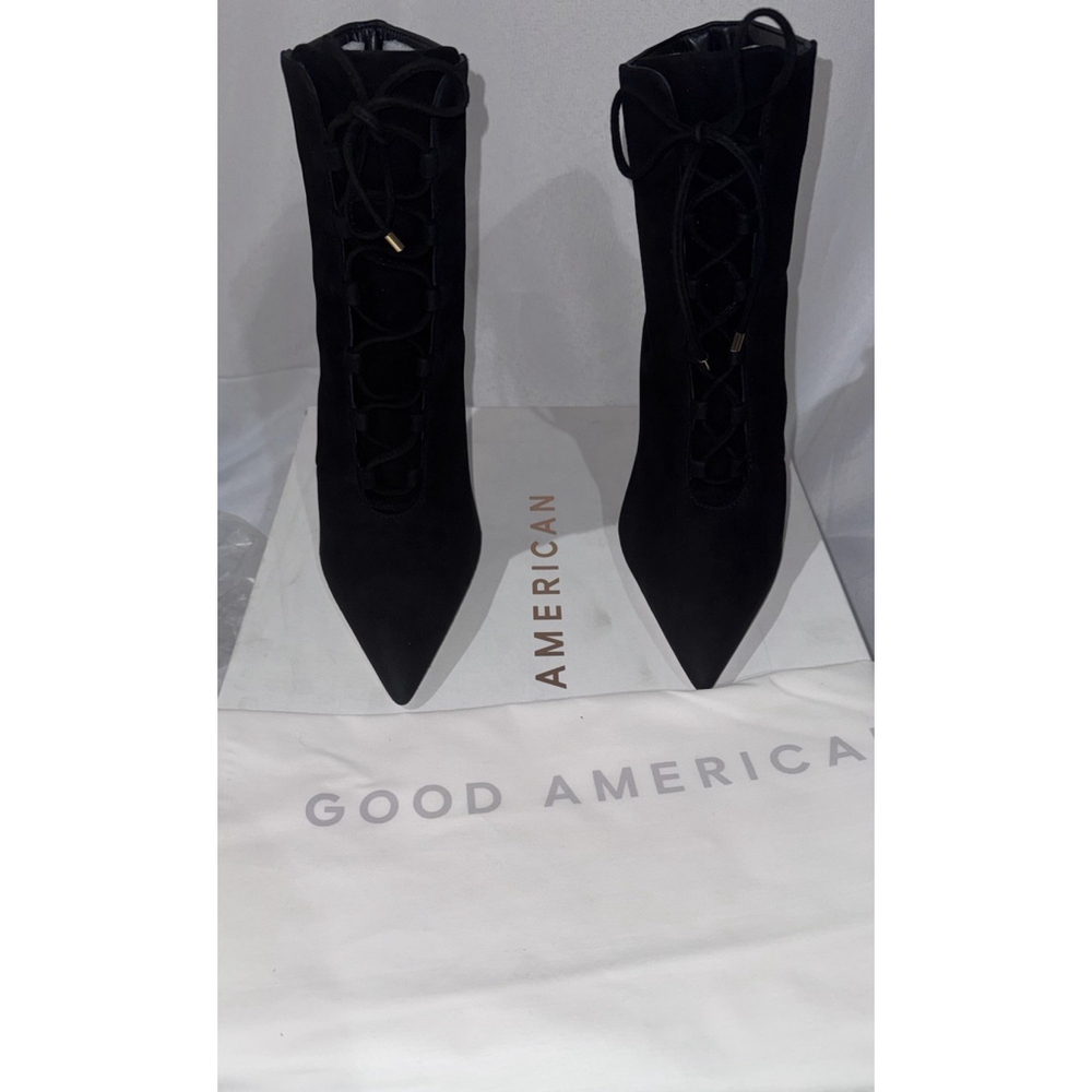 Good American Shoes Womens 7.5 Black Suede Booties Stiletto Heel Boots GA012K-E